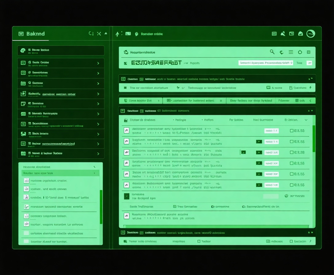 Komplexe Backend-Architektur, Datenbank-Diagramme und Server-Logs auf einem Monitor