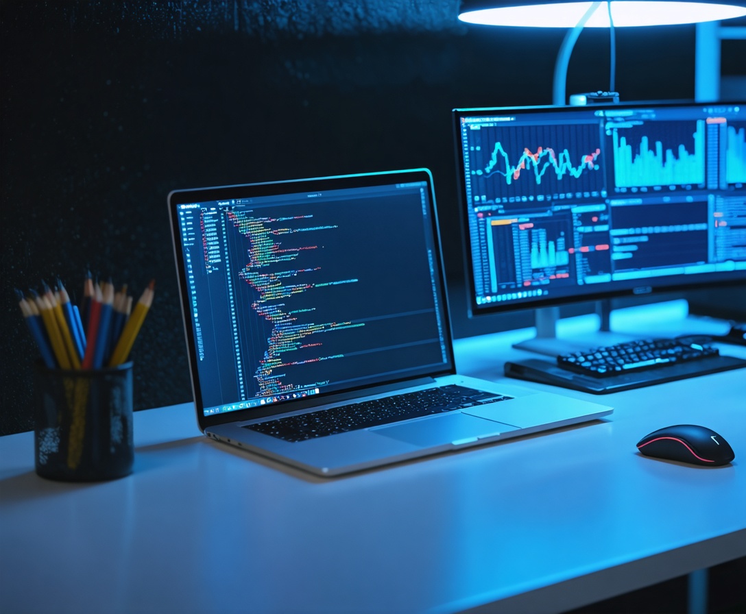 Moderner Arbeitsplatz eines Softwareentwicklers mit Code auf dem Bildschirm