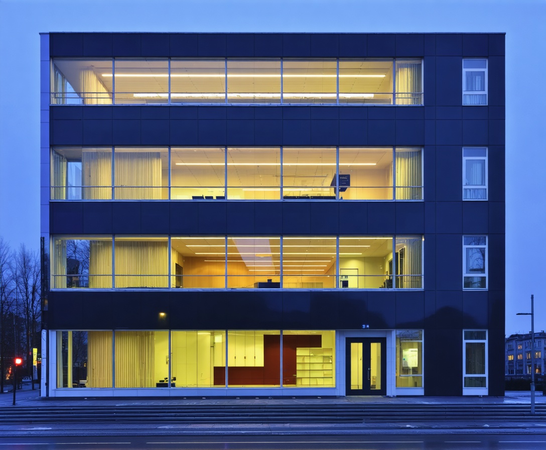 Das moderne Bürogebäude von NextLevel Coding in Berlin Mitte bei Abenddämmerung