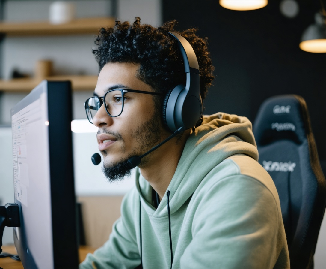 Student konzentriert beim Programmieren im modernen Büro